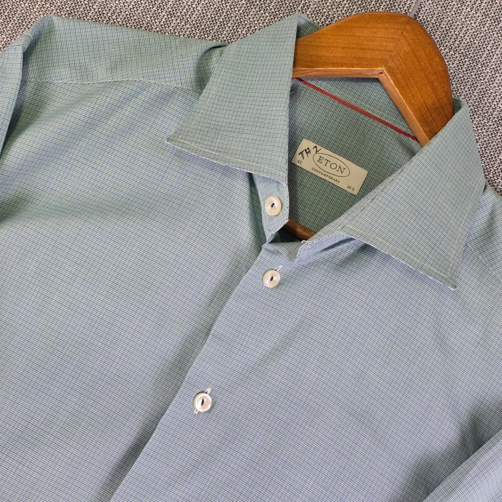 Eton Contemporary Fit Aqua Micro Check Dress Shirt Mens 16.5 42 Long Sleeve